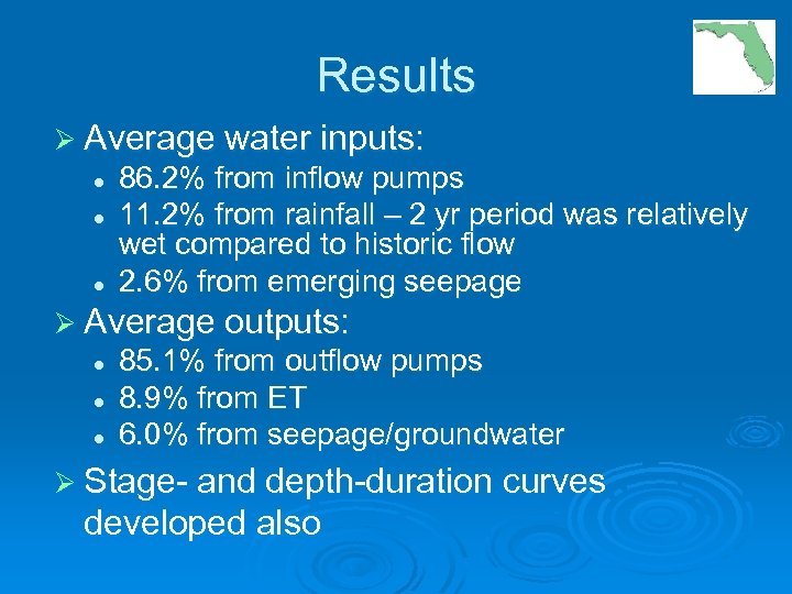 Results Ø Average water inputs: l l l 86. 2% from inflow pumps 11.