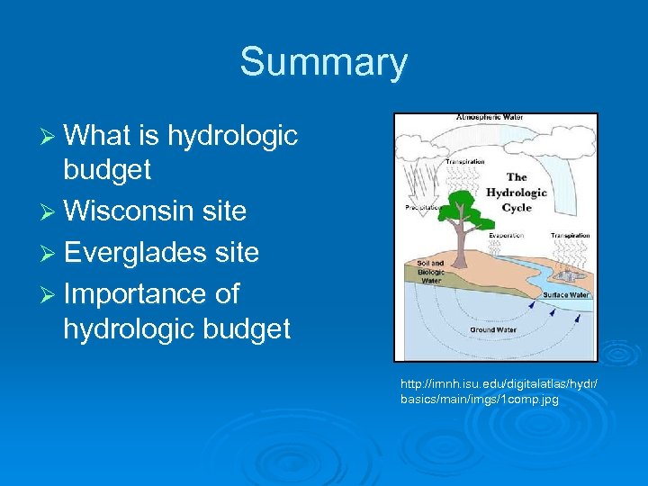 Summary Ø What is hydrologic budget Ø Wisconsin site Ø Everglades site Ø Importance