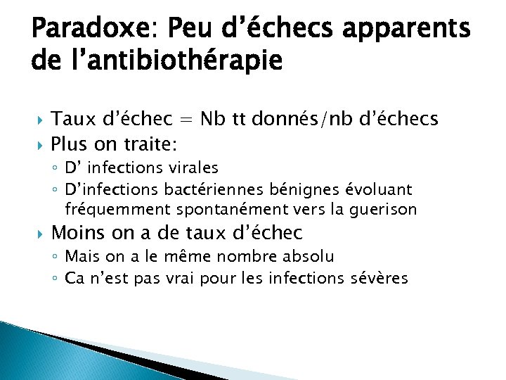 Paradoxe: Peu d’échecs apparents de l’antibiothérapie Taux d’échec = Nb tt donnés/nb d’échecs Plus