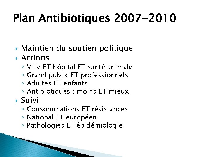 Plan Antibiotiques 2007 -2010 Maintien du soutien politique Actions ◦ ◦ Ville ET hôpital