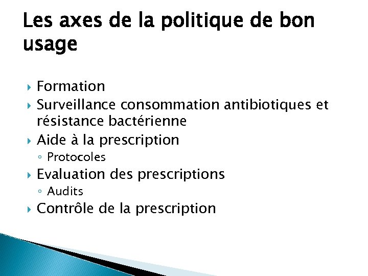 Les axes de la politique de bon usage Formation Surveillance consommation antibiotiques et résistance