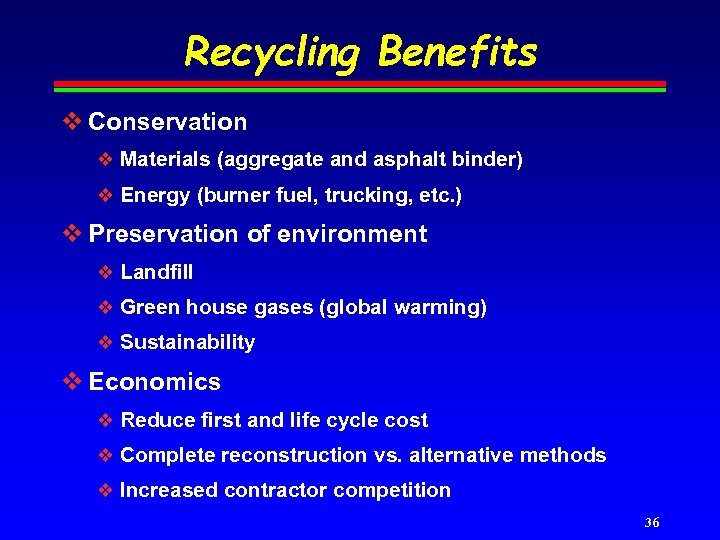 Recycling Benefits v Conservation v Materials (aggregate and asphalt binder) v Energy (burner fuel,