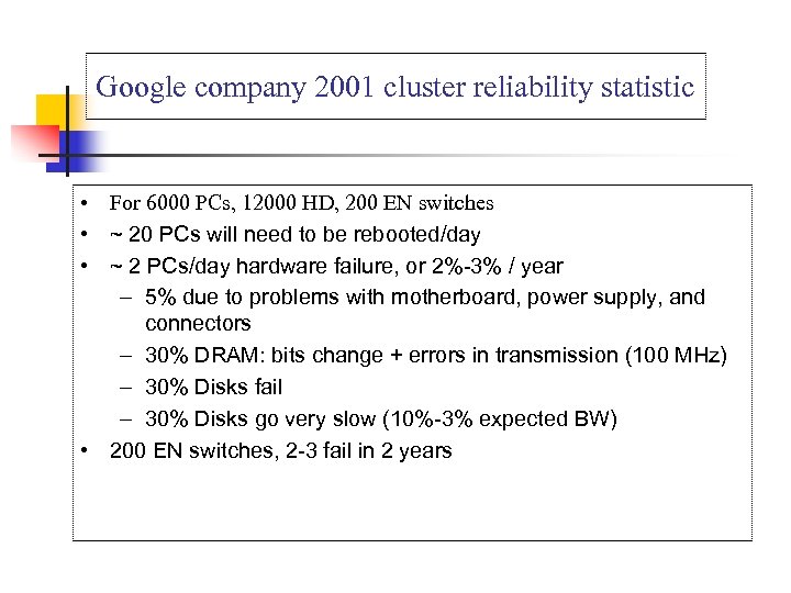 Google company 2001 cluster reliability statistic • For 6000 PCs, 12000 HD, 200 EN