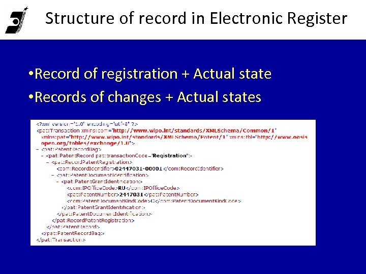Structure of record in Electronic Register • Record of registration + Actual state •