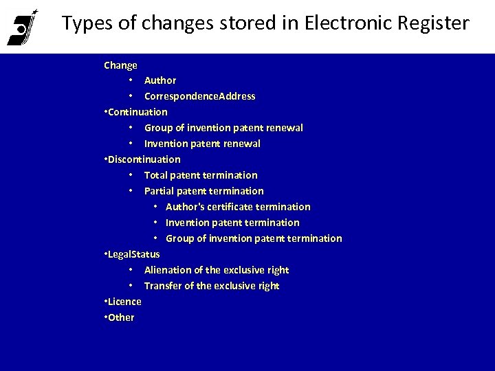 Types of changes stored in Electronic Register Change • Author • Correspondence. Address •