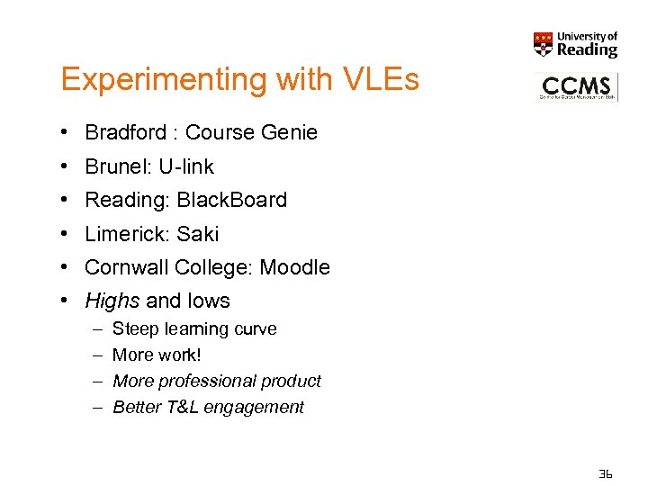 Experimenting with VLEs • Bradford : Course Genie • Brunel: U-link • Reading: Black.