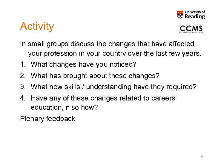 Activity In small groups discuss the changes that have affected your profession in your