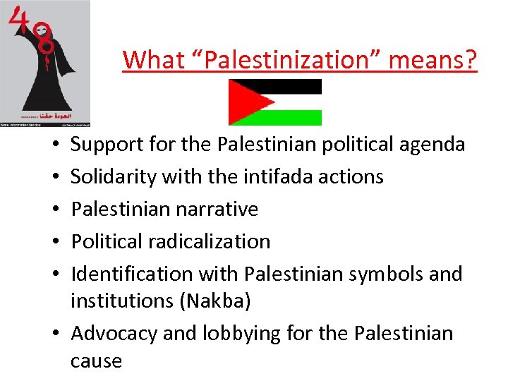 What “Palestinization” means? Support for the Palestinian political agenda Solidarity with the intifada actions