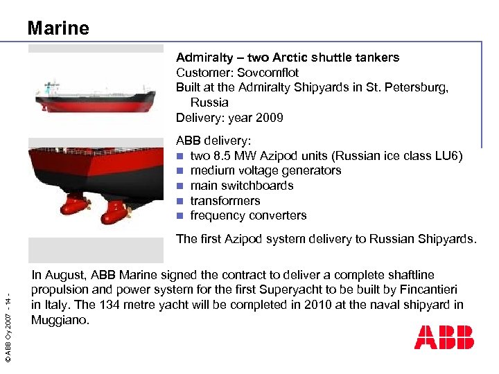 Marine Admiralty – two Arctic shuttle tankers Customer: Sovcomflot Built at the Admiralty Shipyards