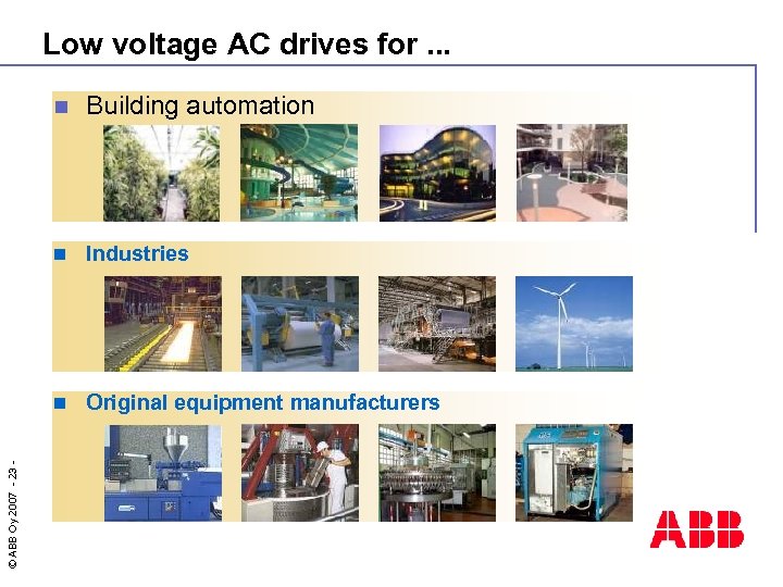 Low voltage AC drives for. . . Building automation n Industries n © ABB