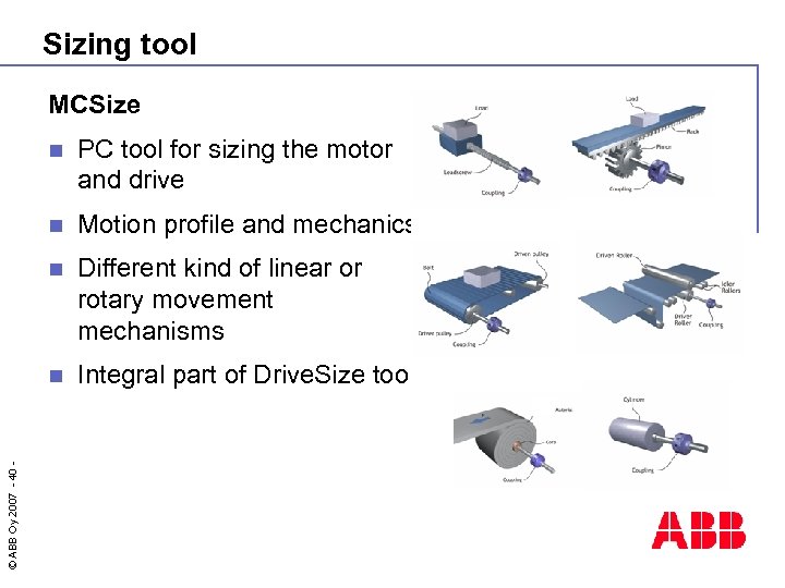 Sizing tool MCSize PC tool for sizing the motor and drive n Motion profile