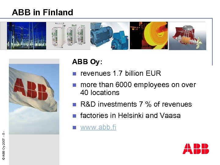 ABB in Finland ABB Oy: revenues 1. 7 billion EUR n more than 6000