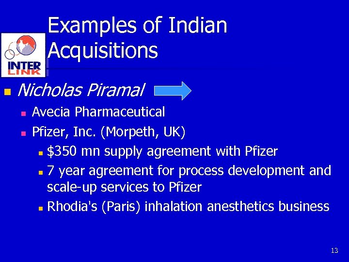 Examples of Indian Acquisitions n Nicholas Piramal n n Avecia Pharmaceutical Pfizer, Inc. (Morpeth,