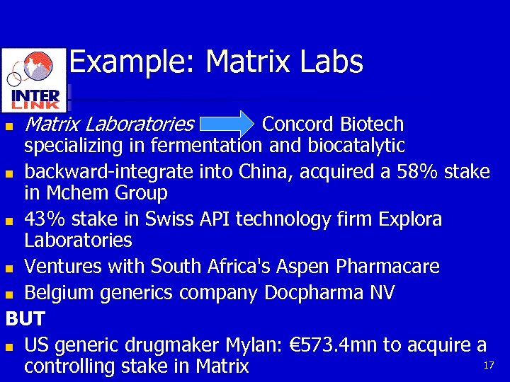 Example: Matrix Labs Matrix Laboratories Concord Biotech specializing in fermentation and biocatalytic n backward-integrate