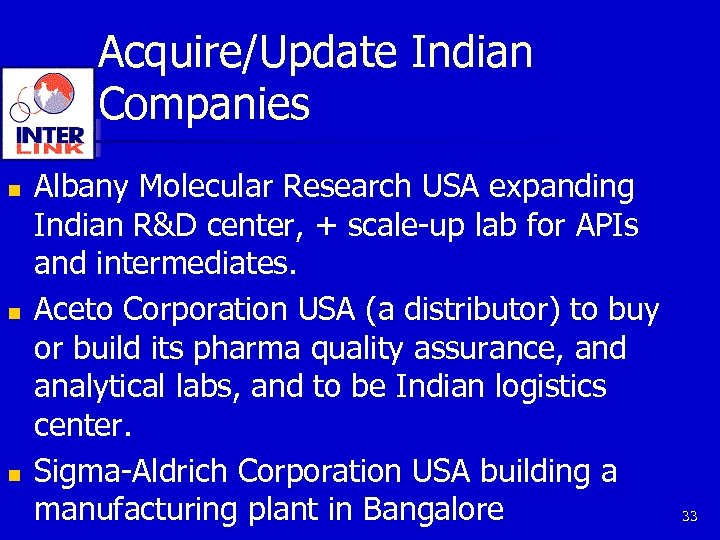 Acquire/Update Indian Companies n n n Albany Molecular Research USA expanding Indian R&D center,