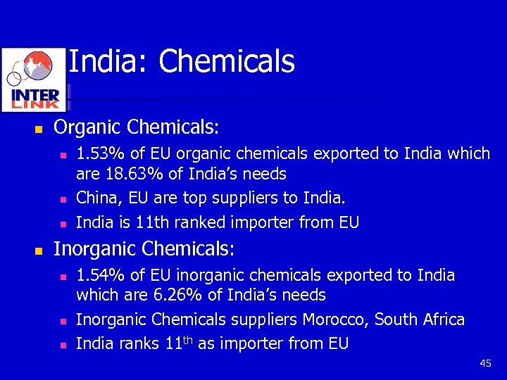 India: Chemicals n Organic Chemicals: n n 1. 53% of EU organic chemicals exported