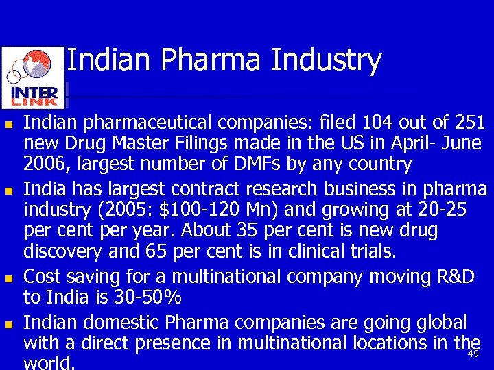 Indian Pharma Industry n n Indian pharmaceutical companies: filed 104 out of 251 new