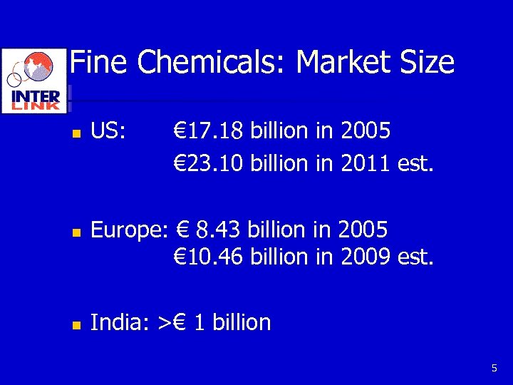 Fine Chemicals: Market Size n n n US: € 17. 18 billion in 2005