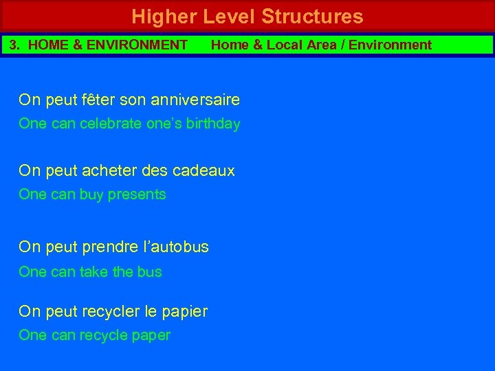 Higher Level Structures 3. HOME & ENVIRONMENT Home & Local Area / Environment On