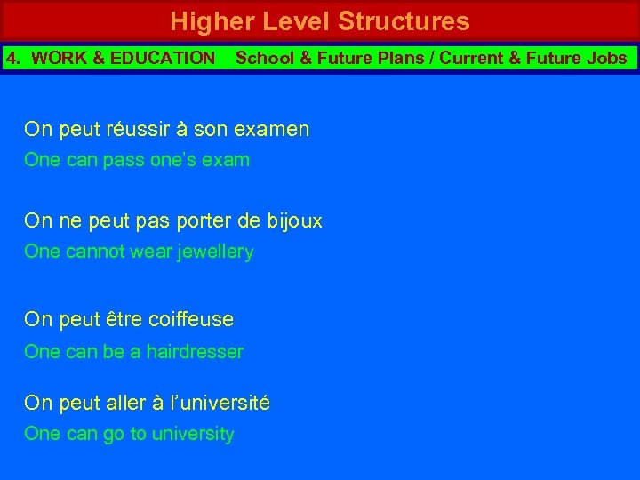 Higher Level Structures 4. WORK & EDUCATION School & Future Plans / Current &