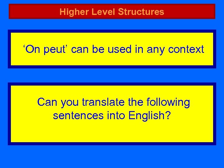 Higher Level Structures ‘On peut’ can be used in any context Can you translate