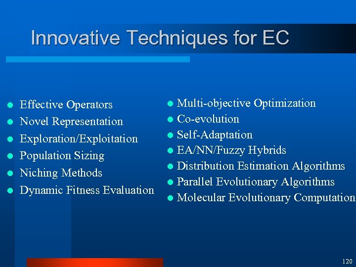 Innovative Techniques for EC l l l Effective Operators Novel Representation Exploration/Exploitation Population Sizing