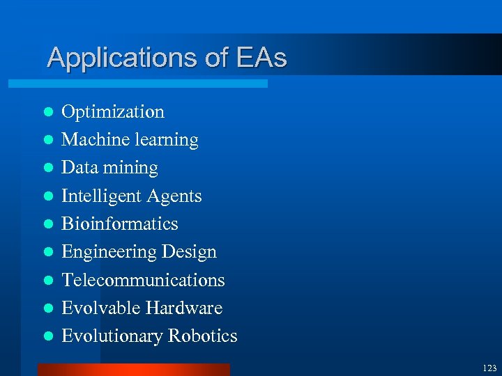 Applications of EAs l l l l l Optimization Machine learning Data mining Intelligent