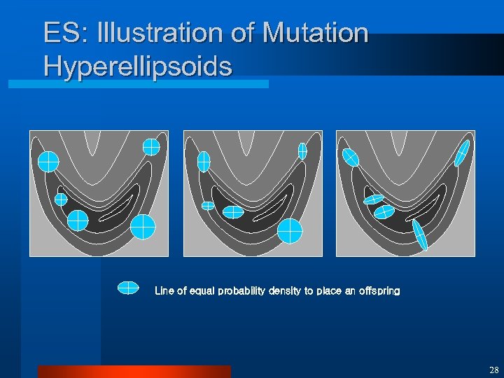 ES: Illustration of Mutation Hyperellipsoids Line of equal probability density to place an offspring