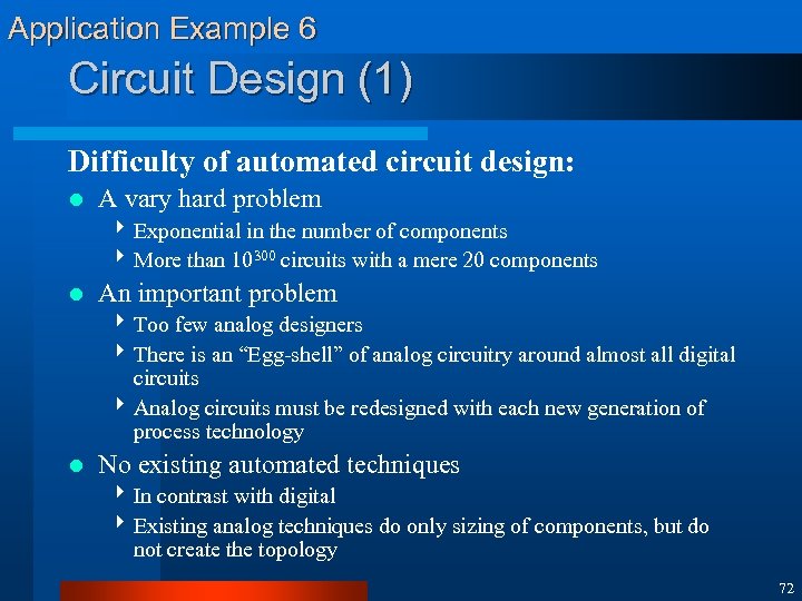 Application Example 6 Circuit Design (1) Difficulty of automated circuit design: l A vary