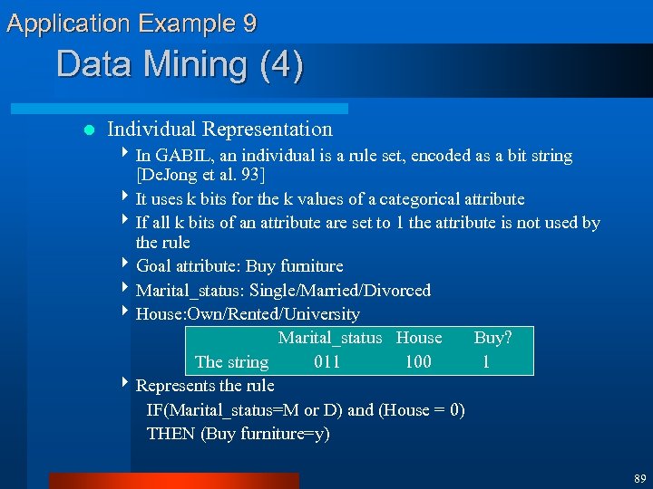 Application Example 9 Data Mining (4) l Individual Representation 4 In GABIL, an individual