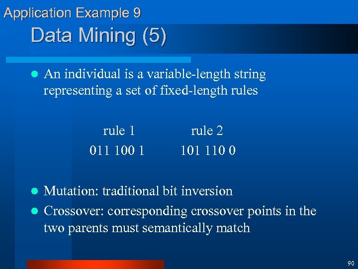 Application Example 9 Data Mining (5) l An individual is a variable-length string representing