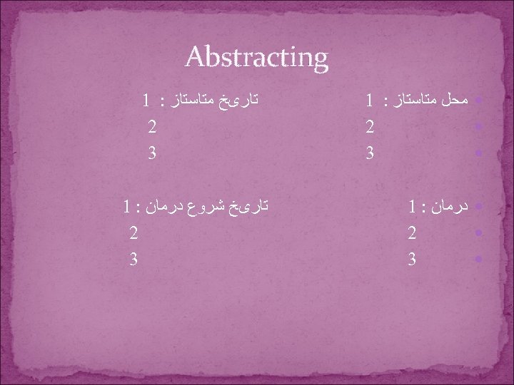  Abstracting ﻣﺤﻞ ﻣﺘﺎﺳﺘﺎﺯ : 1 2 3 ﺩﺭﻣﺎﻥ : 1 2 3 ﺗﺎﺭیﺦ
