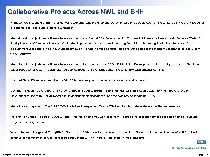 Collaborative Projects Across NWL and BHH Hillingdon CCG, along with Brent and Harrow CCGs