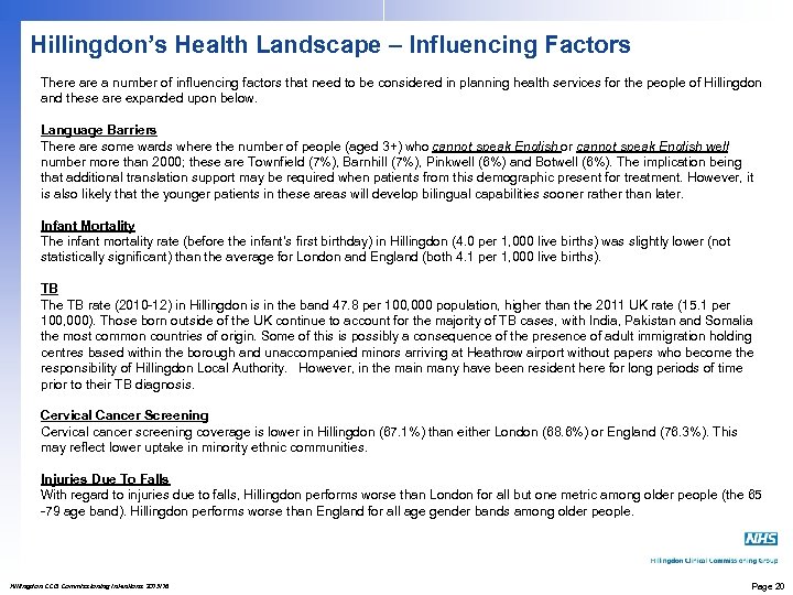 Hillingdon’s Health Landscape – Influencing Factors There a number of influencing factors that need