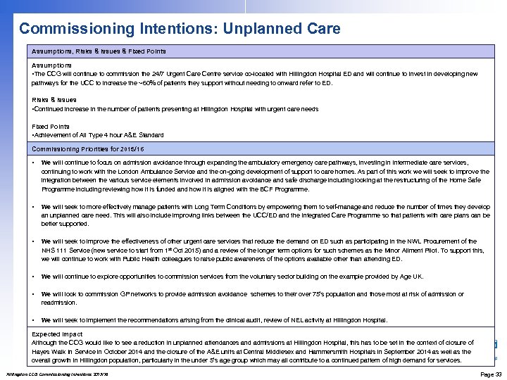 Commissioning Intentions: Unplanned Care Assumptions, Risks & Issues & Fixed Points Assumptions • The