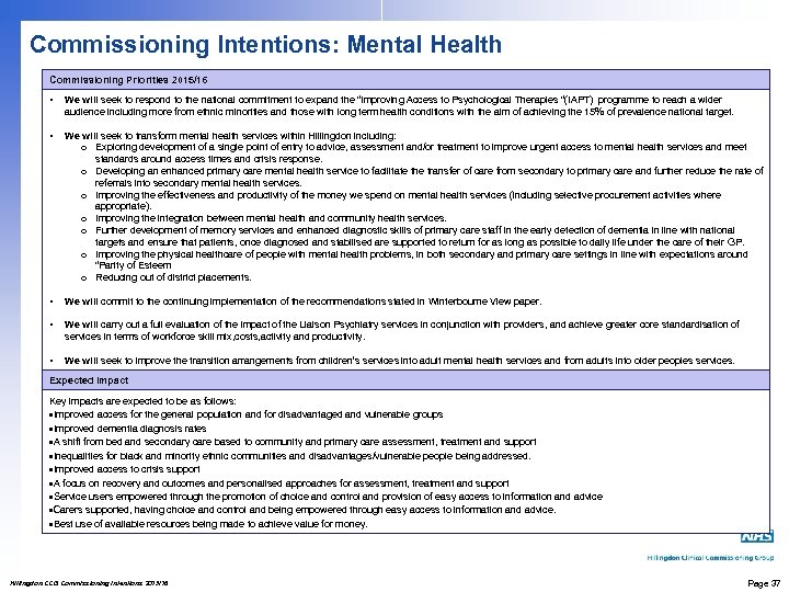 Commissioning Intentions: Mental Health Commissioning Priorities 2015/16 • We will seek to respond to