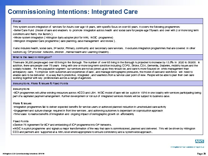 Commissioning Intentions: Integrated Care Scope This system covers integration of services for Adults over