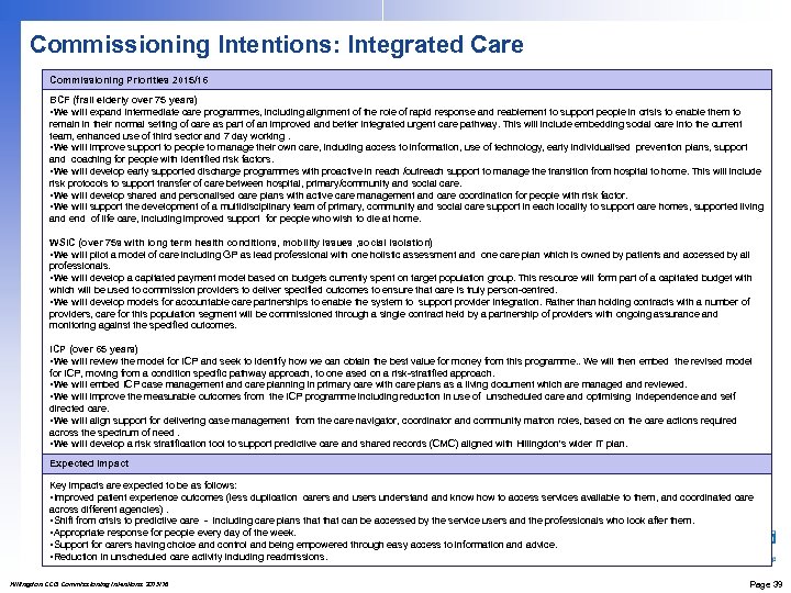 Commissioning Intentions: Integrated Care Commissioning Priorities 2015/16 BCF (frail elderly over 75 years) •