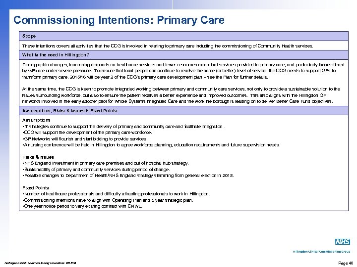 Commissioning Intentions: Primary Care Scope These intentions covers all activities that the CCG is