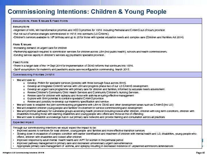 Commissioning Intentions: Children & Young People Assumptions, Risks & Issues & Fixed Points Assumptions