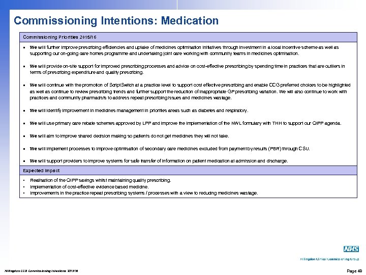 Commissioning Intentions: Medication Commissioning Priorities 2015/16 We will further improve prescribing efficiencies and uptake