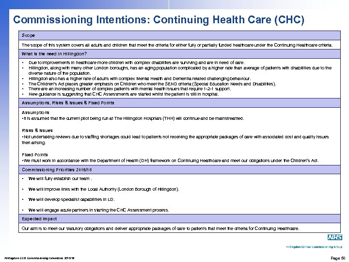 Commissioning Intentions: Continuing Health Care (CHC) Scope The scope of this system covers all