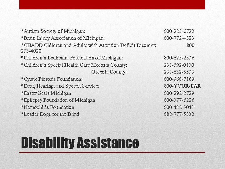 *Autism Society of Michigan: *Brain Injury Association of Michigan: *CHADD Children and Adults with