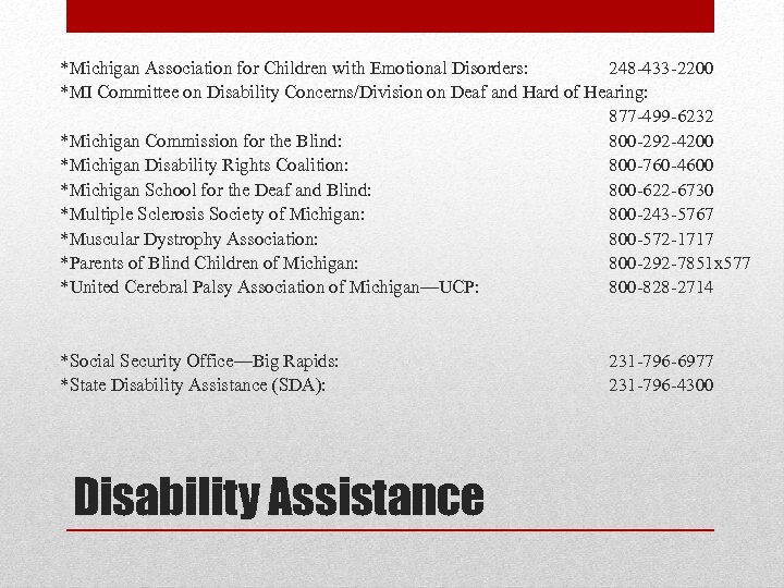 *Michigan Association for Children with Emotional Disorders: 248 -433 -2200 *MI Committee on Disability