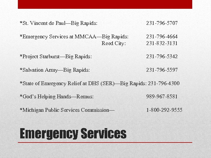 *St. Vincent de Paul—Big Rapids: 231 -796 -5707 *Emergency Services at MMCAA—Big Rapids: Reed
