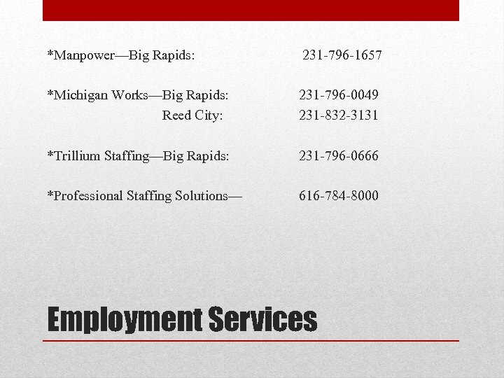 *Manpower—Big Rapids: 231 -796 -1657 *Michigan Works—Big Rapids: Reed City: 231 -796 -0049 231