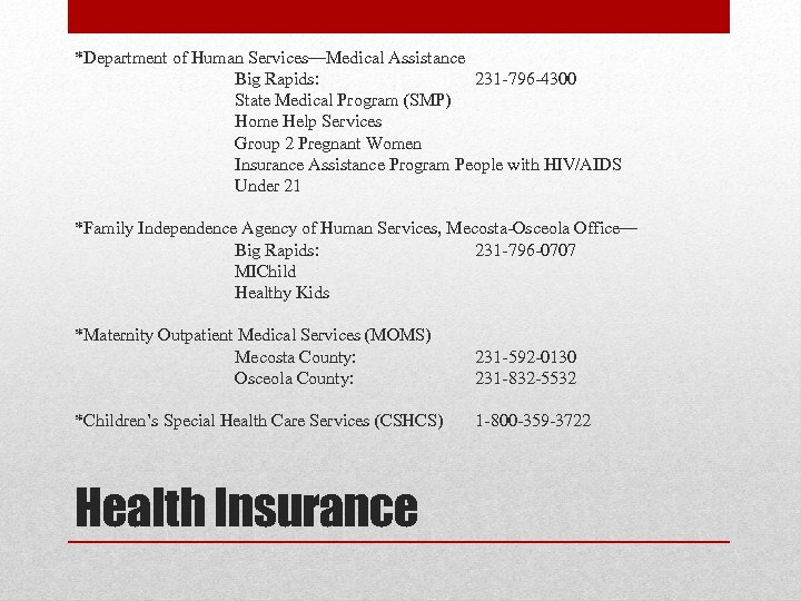 *Department of Human Services—Medical Assistance Big Rapids: 231 -796 -4300 State Medical Program (SMP)