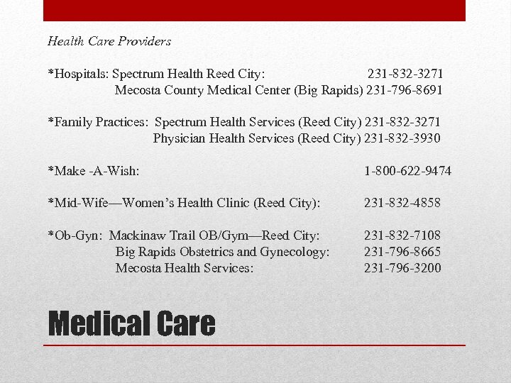 Health Care Providers *Hospitals: Spectrum Health Reed City: 231 -832 -3271 Mecosta County Medical