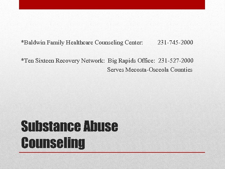 *Baldwin Family Healthcare Counseling Center: 231 -745 -2000 *Ten Sixteen Recovery Network: Big Rapids
