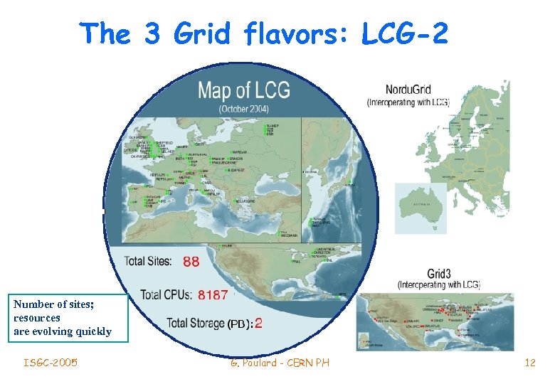 The 3 Grid flavors: LCG-2 Number of sites; resources are evolving quickly ISGC-2005 G.